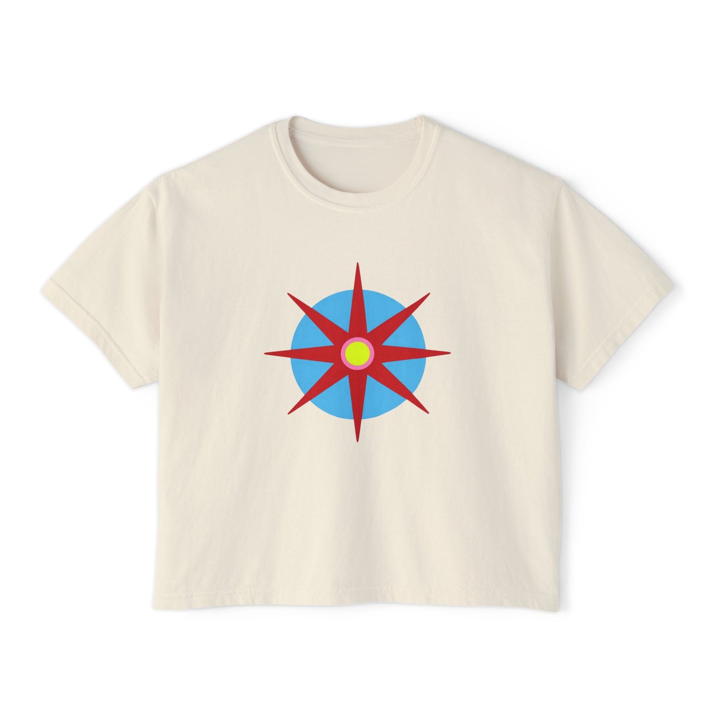 Melammu 8-point star boxy tee in Ivory — red 8-point star on a light blue circle with yellow centre, white Melammu logo on back