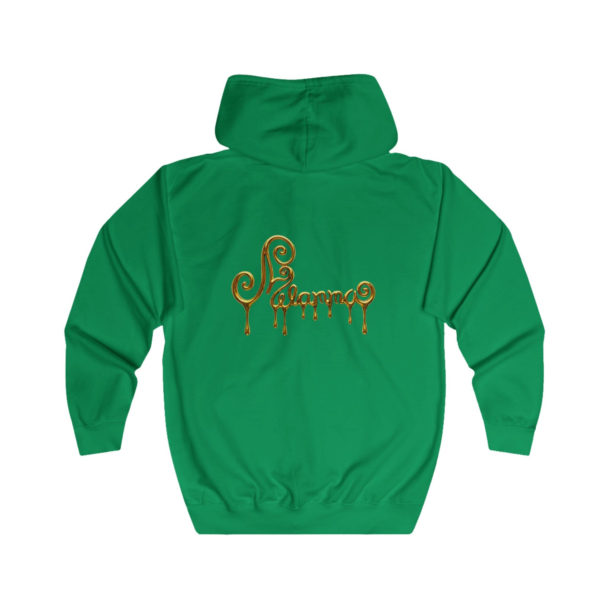 A bright green zip-up hoodie with two gold Pegasus designs printed on the chest and Melammu gold drip back logo