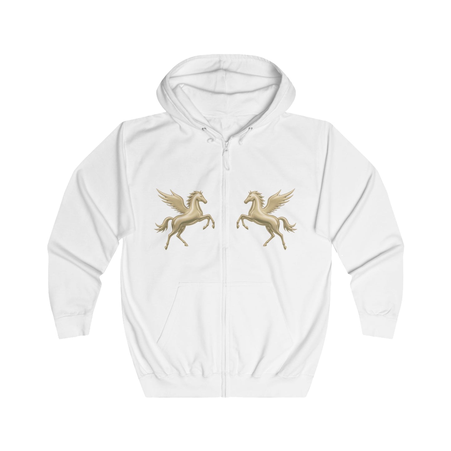 A white zip-up hoodie with two gold Pegasus designs printed on the chest, displayed against a solid white background.