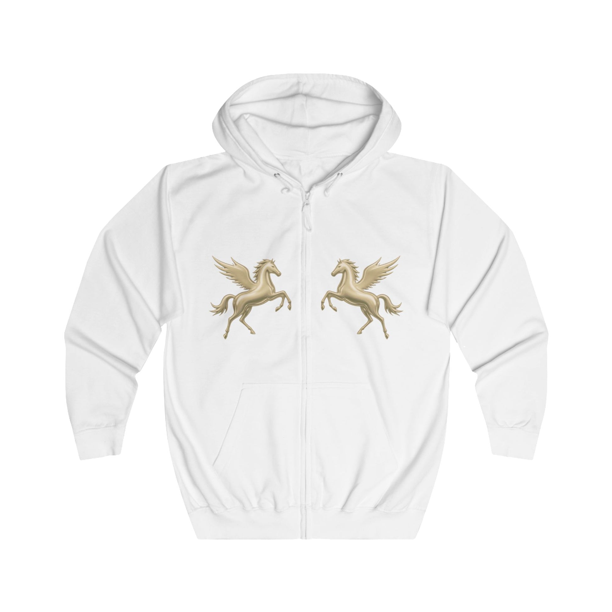 A white zip-up hoodie with two gold Pegasus designs printed on the chest, displayed against a solid white background.