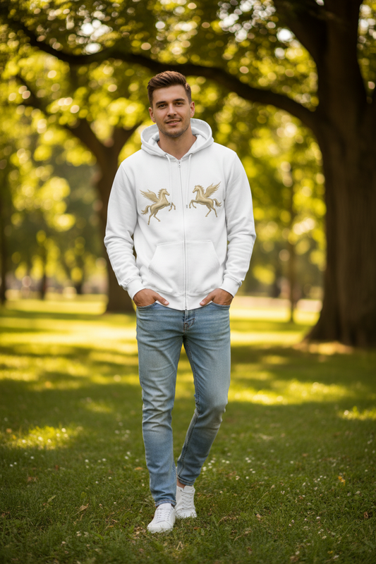 A white zip-up hoodie with two gold Pegasus designs printed on the chest and Melammu gold drip back logo