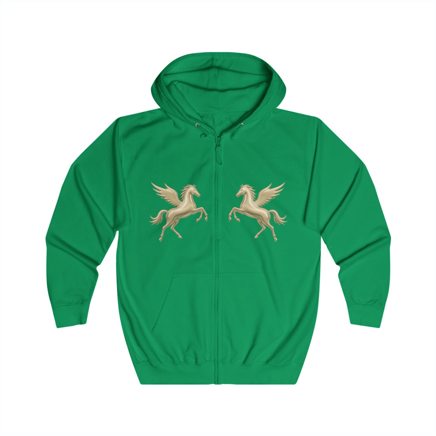 A bright green zip-up hoodie with two gold Pegasus designs printed on the chest and Melammu gold drip back logo