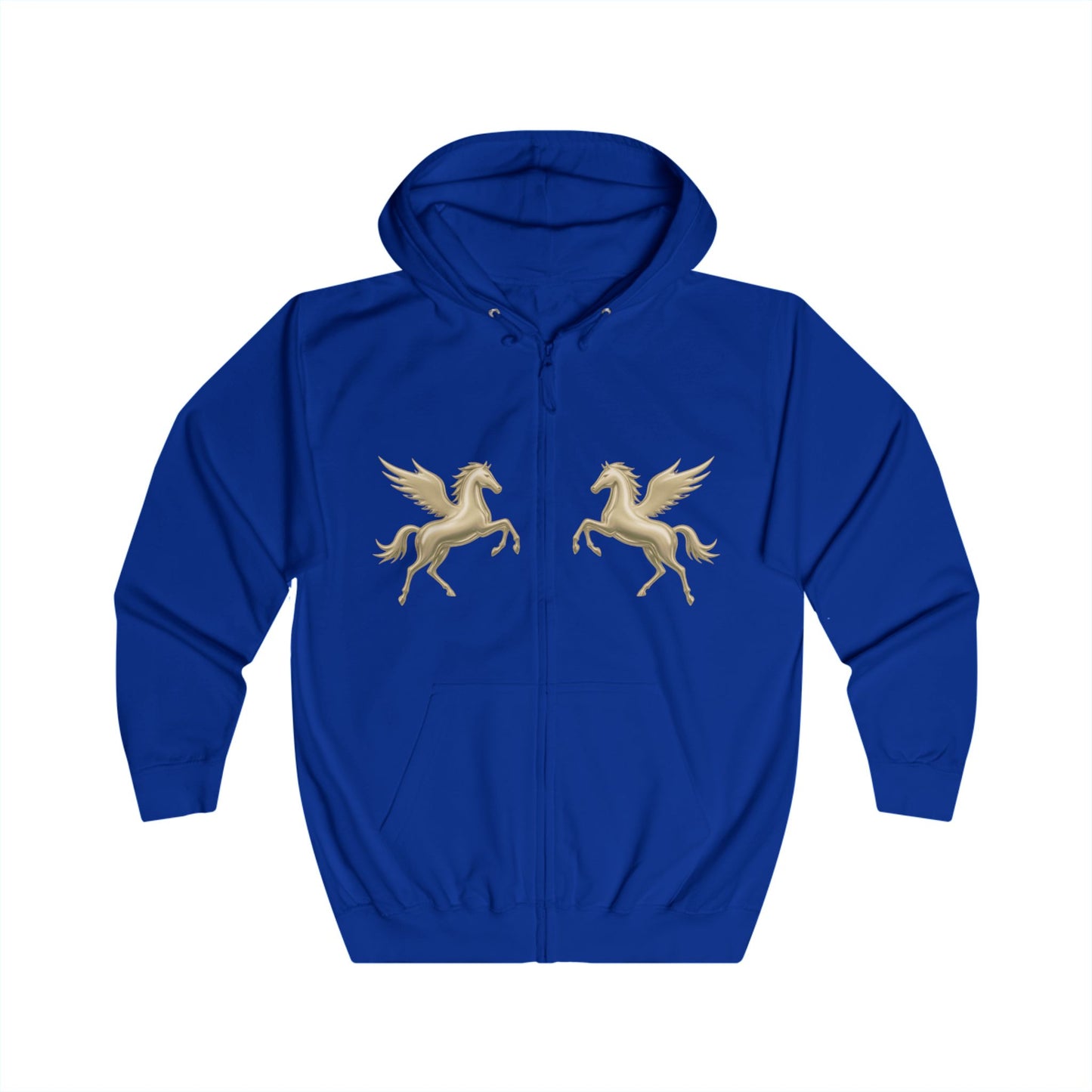 A royal blue zip-up hoodie with two gold Pegasus designs printed on the chest, displayed against a solid white background.