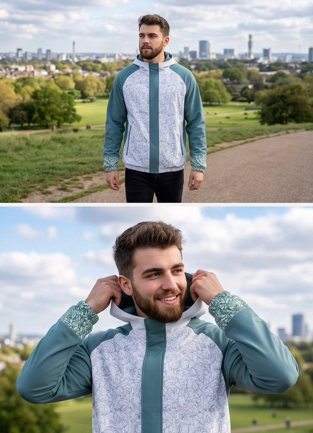 Melammu men's light petroleum blue and leaf line print hooded jacket