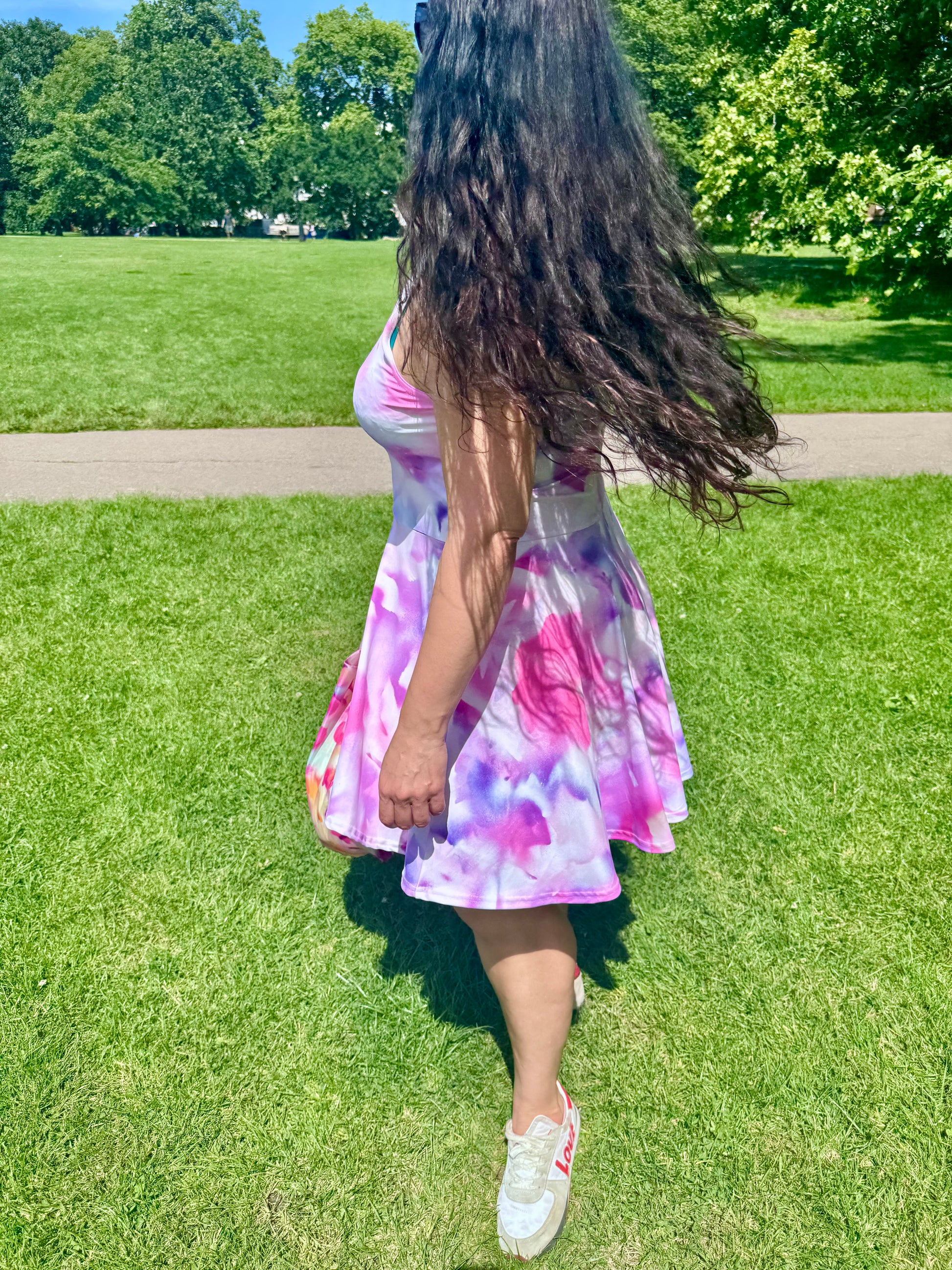 Melammu pink purple botanical dress flared wearable art heavenly leaf spray art