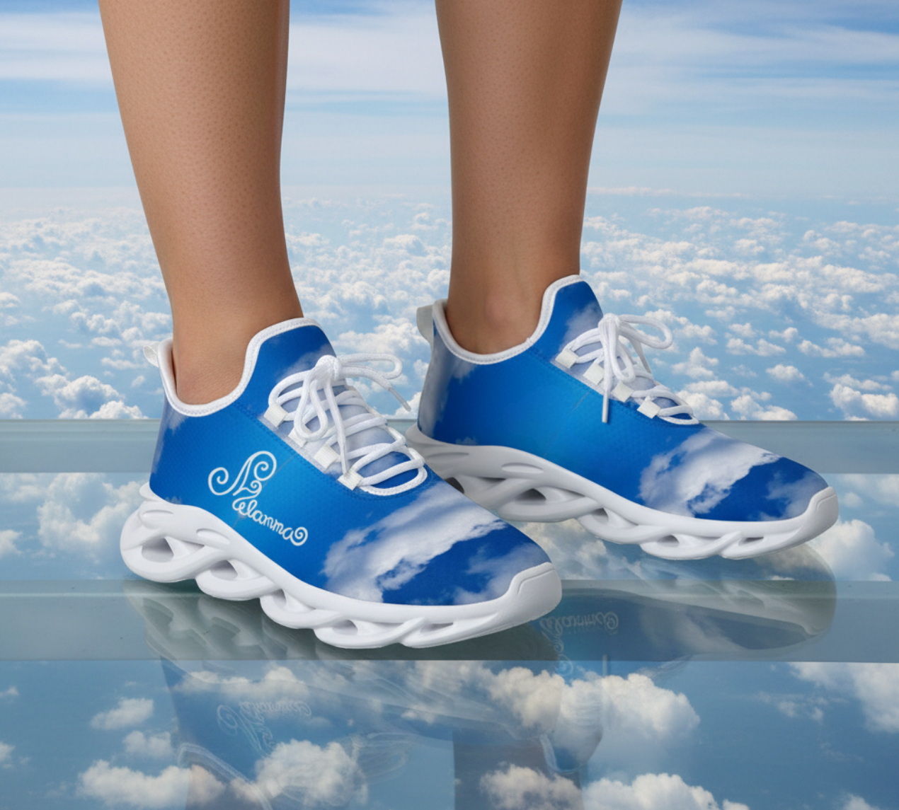 Melammu lightweight blue and white sky cloud trainers sneakers running style shoes wearable conceptual art
