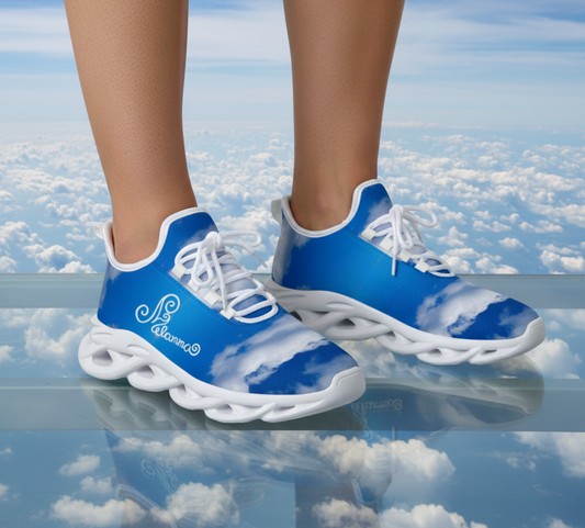 Melammu lightweight blue and white sky cloud trainers sneakers running style shoes wearable conceptual art
