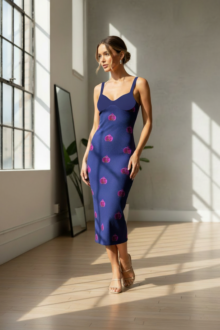 Melammu Navy and Orchid Bodycon Dress - Plain Straps